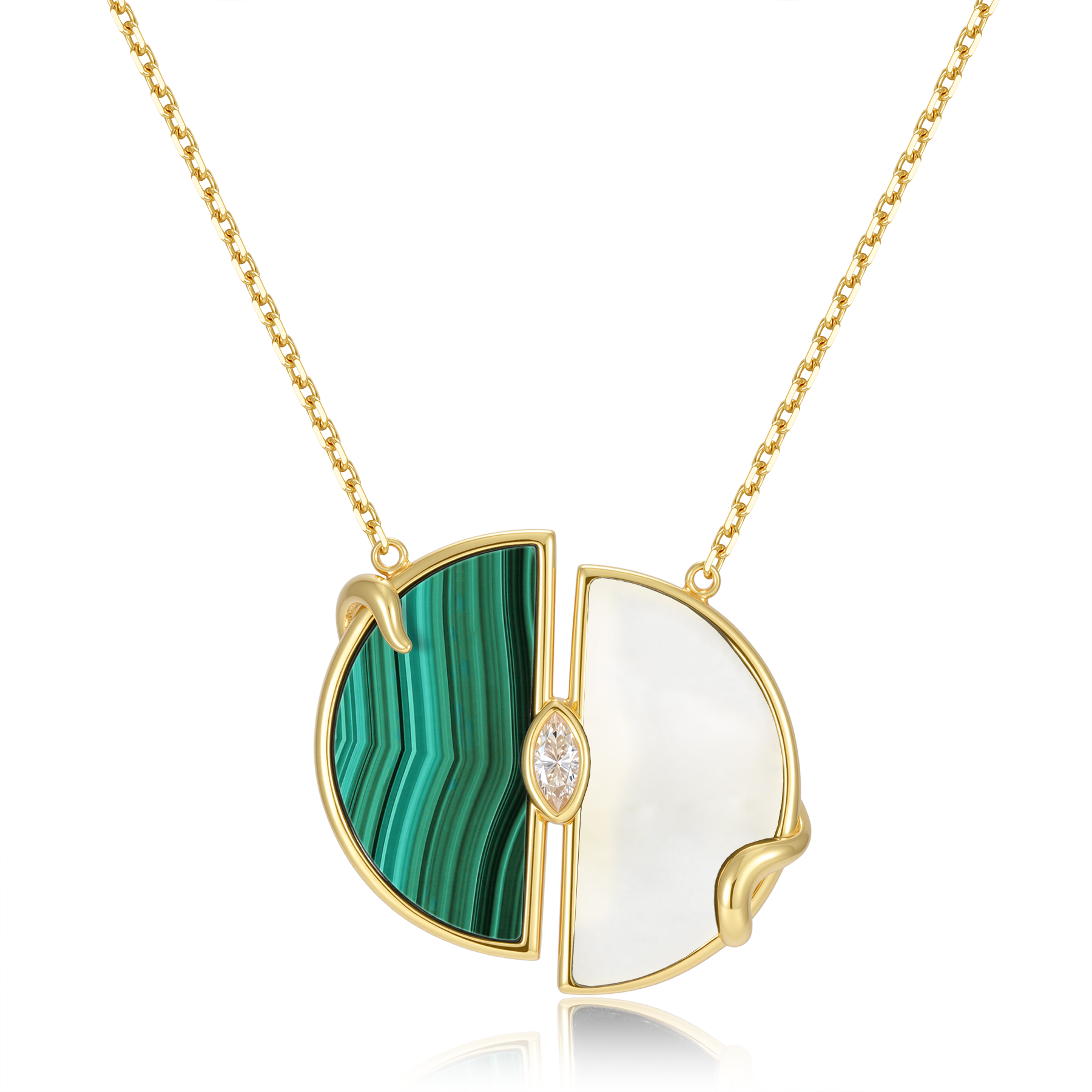 限量款蛇形天然白翡雙半圓未來鑽項鍊(10分)-孔雀石