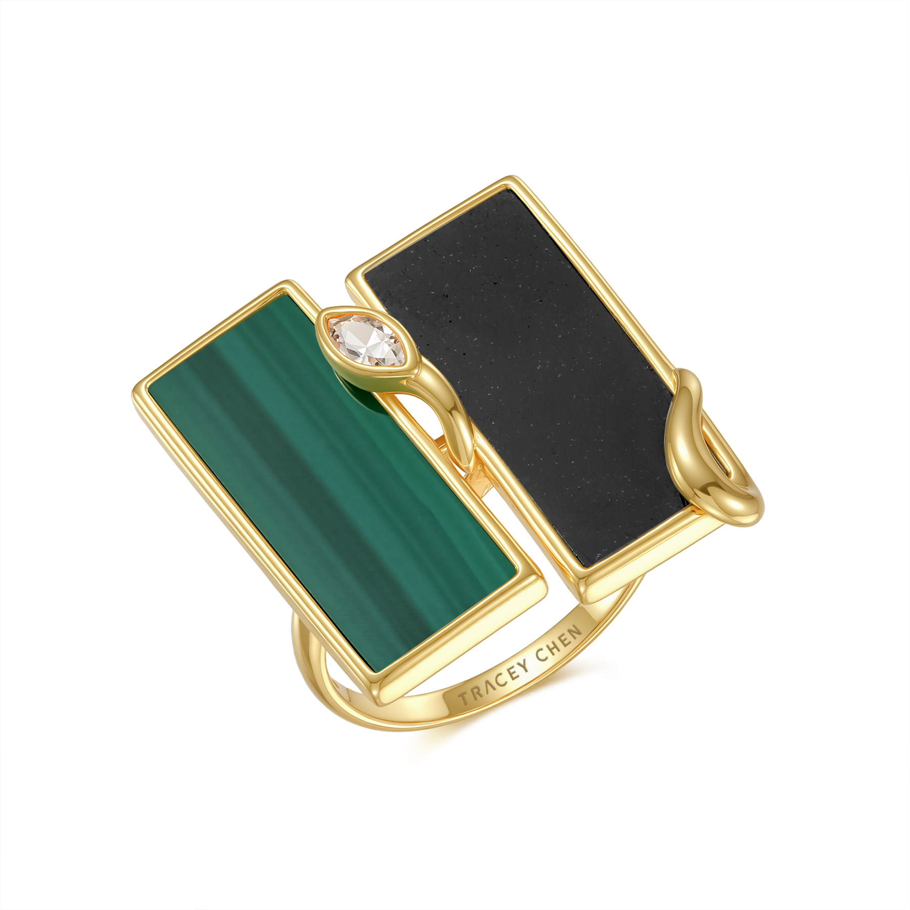 限量款蛇形天然墨翡雙長方未來鑽戒指(10分)-孔雀石