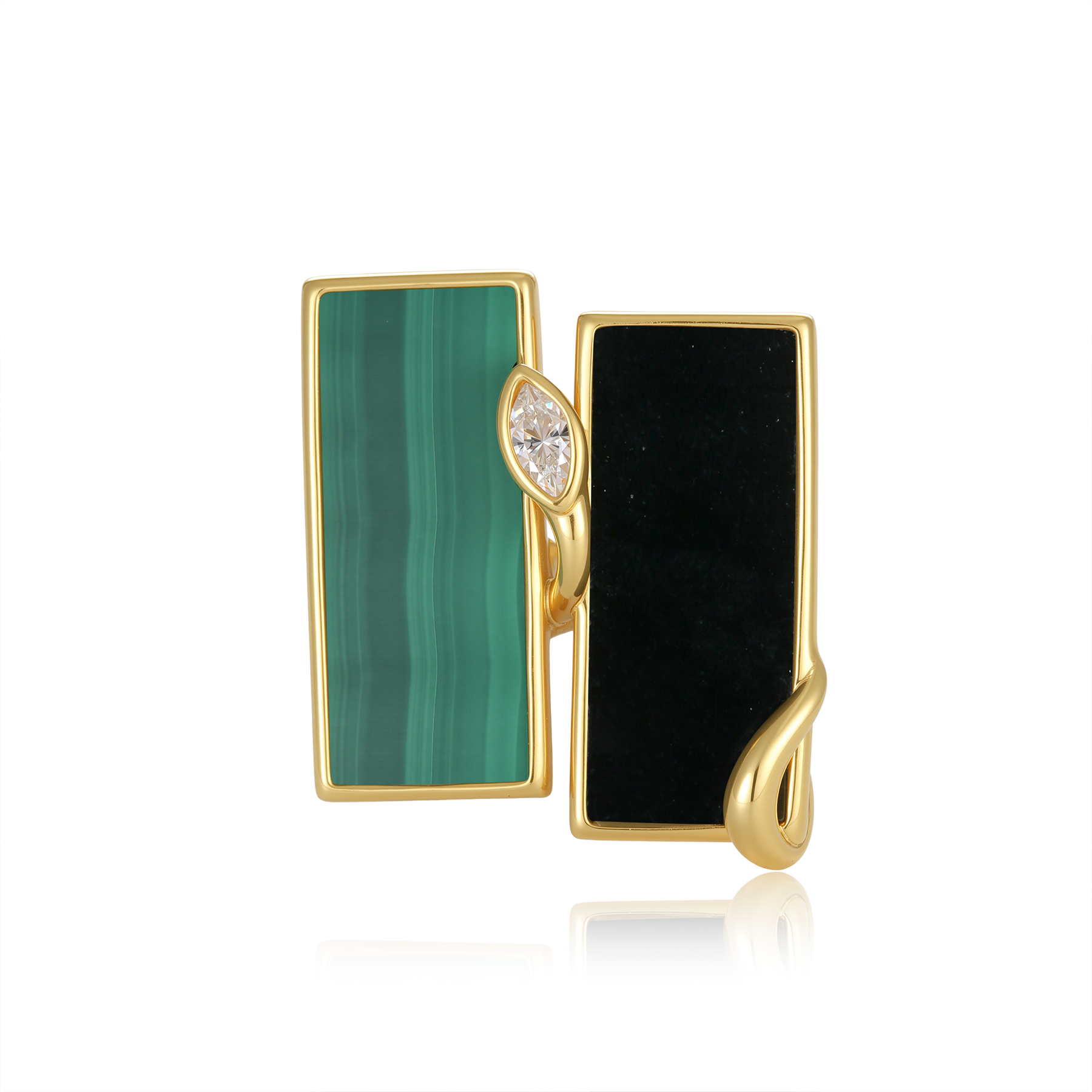 限量款蛇形天然墨翡雙長方未來鑽戒指(10分)-孔雀石