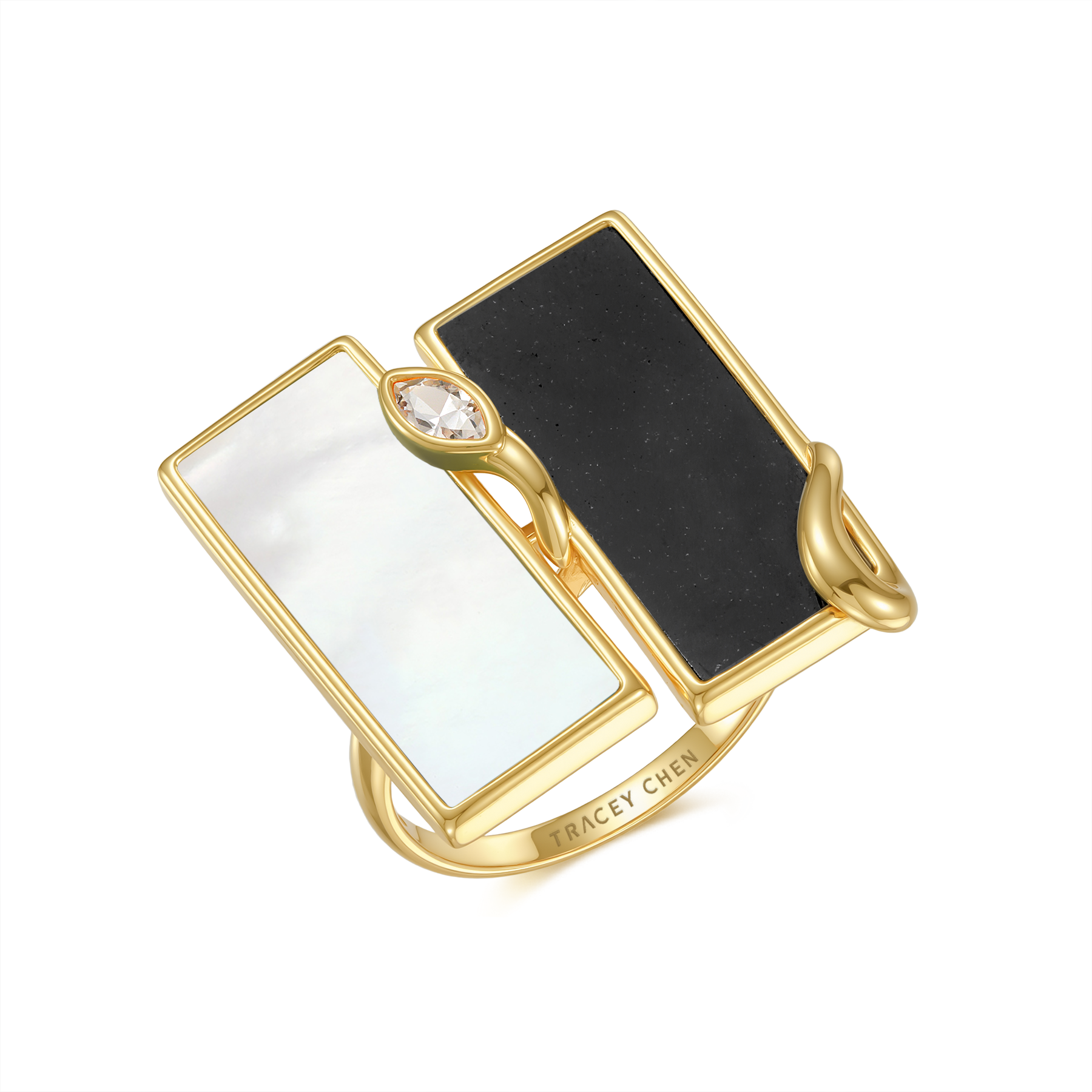 限量款蛇形天然墨翡雙長方未來鑽戒指(10分)-母貝