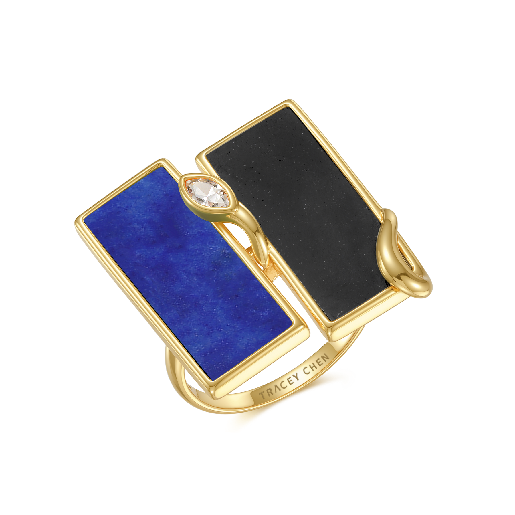 限量款蛇形天然墨翡雙長方未來鑽戒指(10分)-青金石