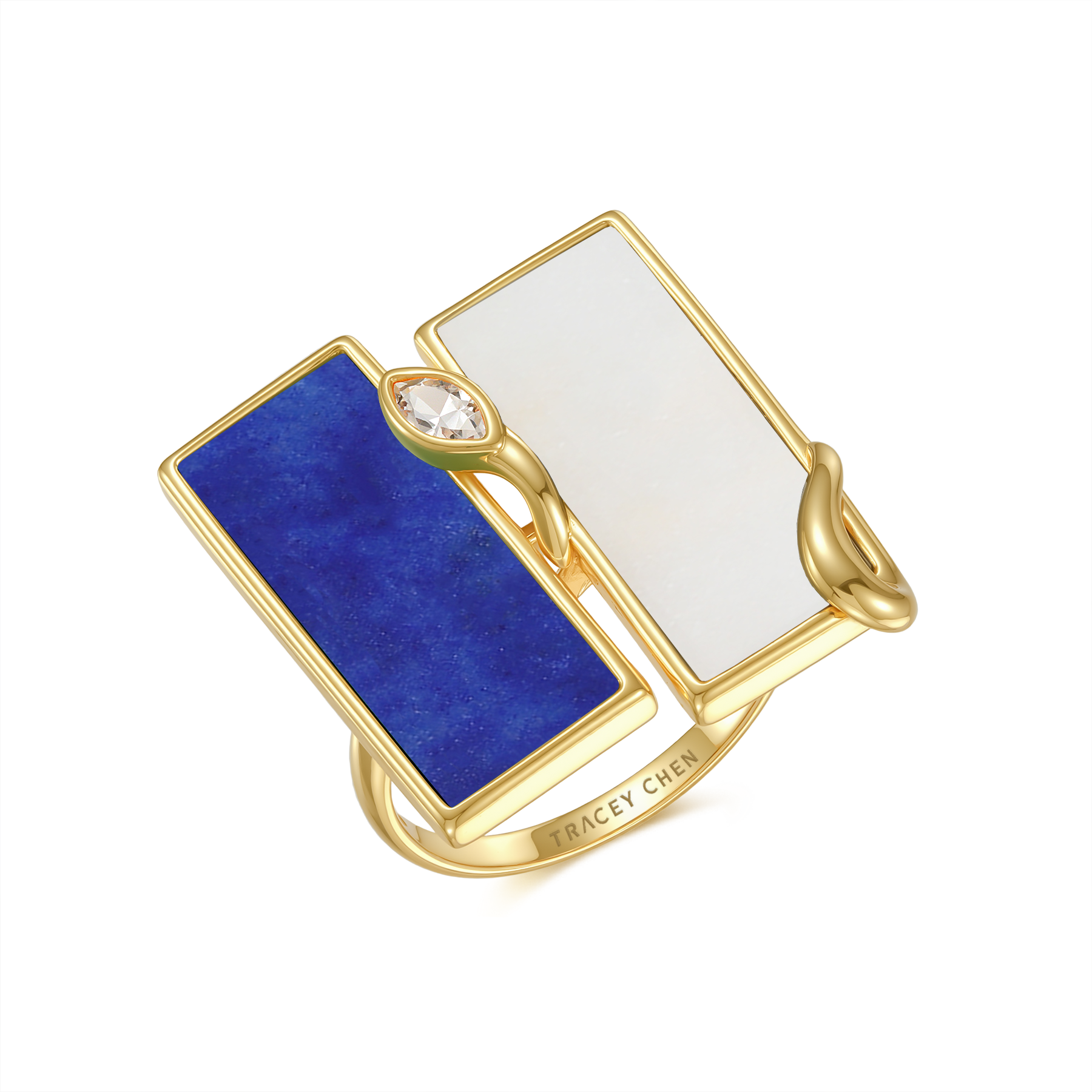 限量款蛇形天然白翡雙長方未來鑽戒指(10分)-青金石