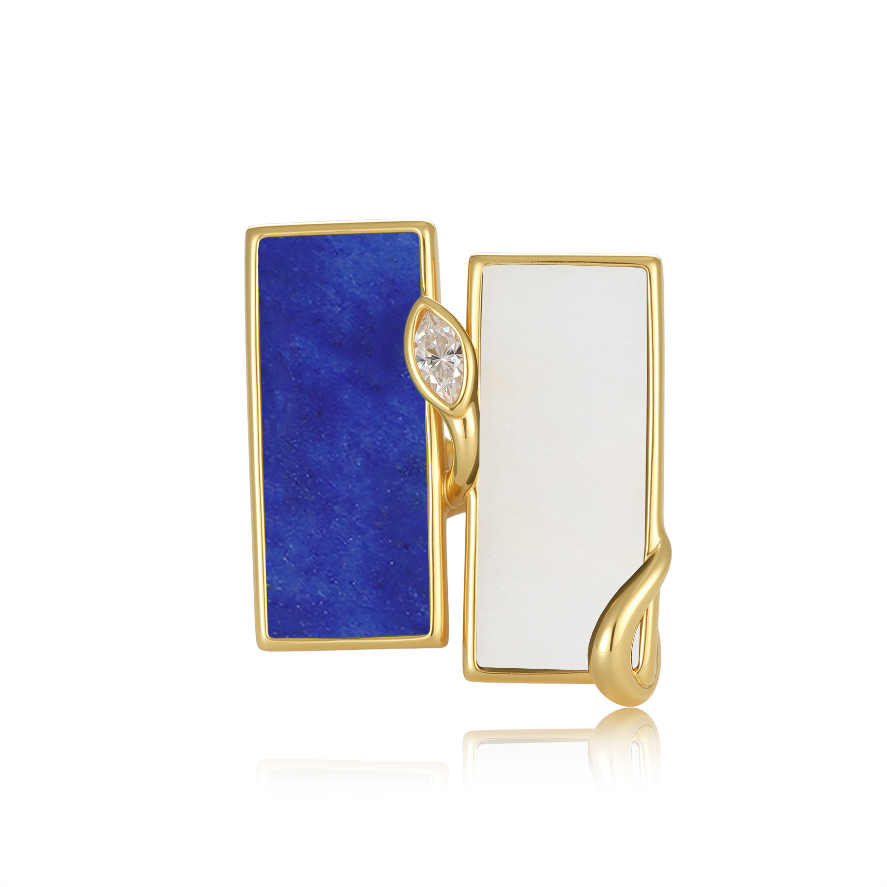 限量款蛇形天然白翡雙長方未來鑽戒指(10分)-青金石