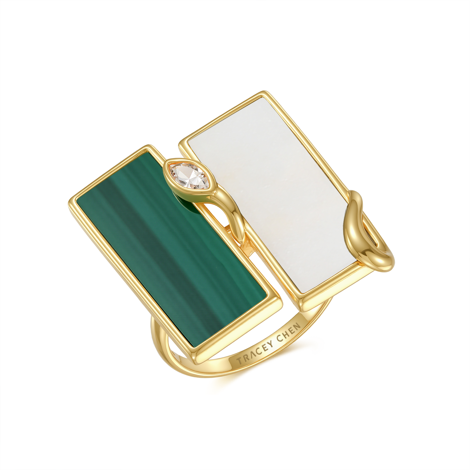 限量款蛇形天然白翡雙長方未來鑽戒指(10分)-孔雀石