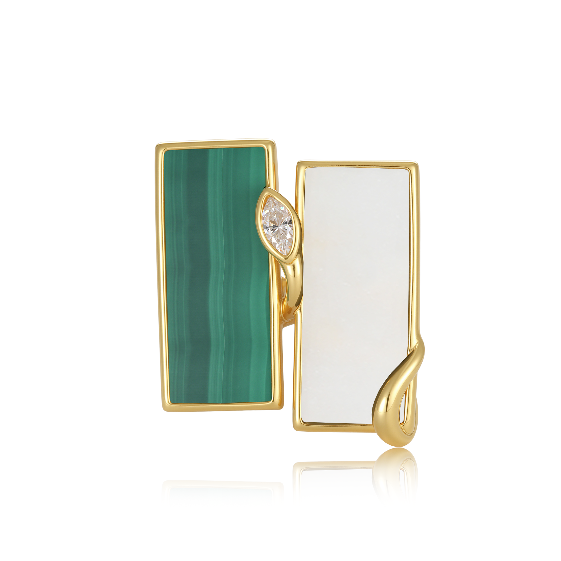 限量款蛇形天然白翡雙長方未來鑽戒指(10分)-孔雀石