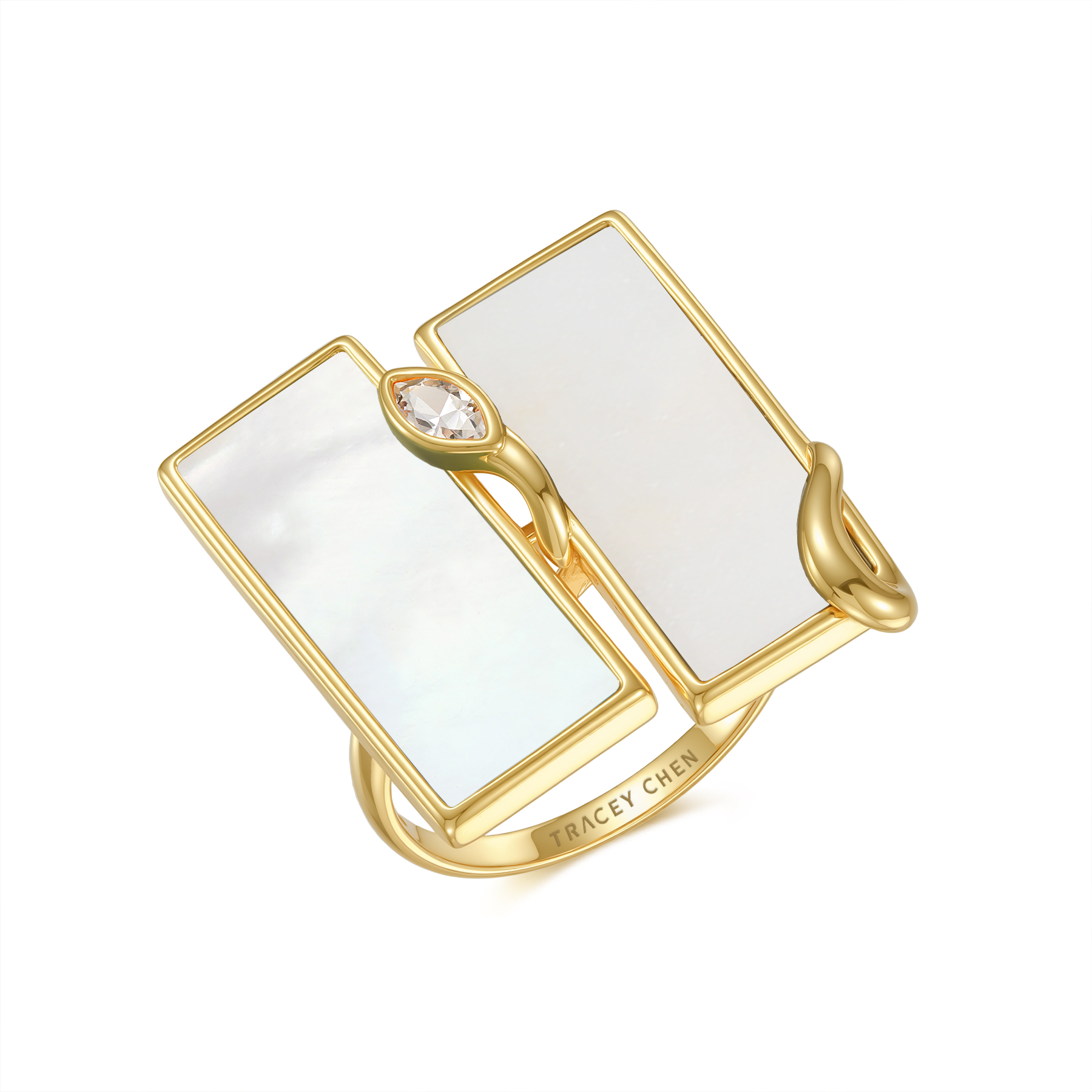 限量款蛇形天然白翡雙長方未來鑽戒指(10分)-母貝