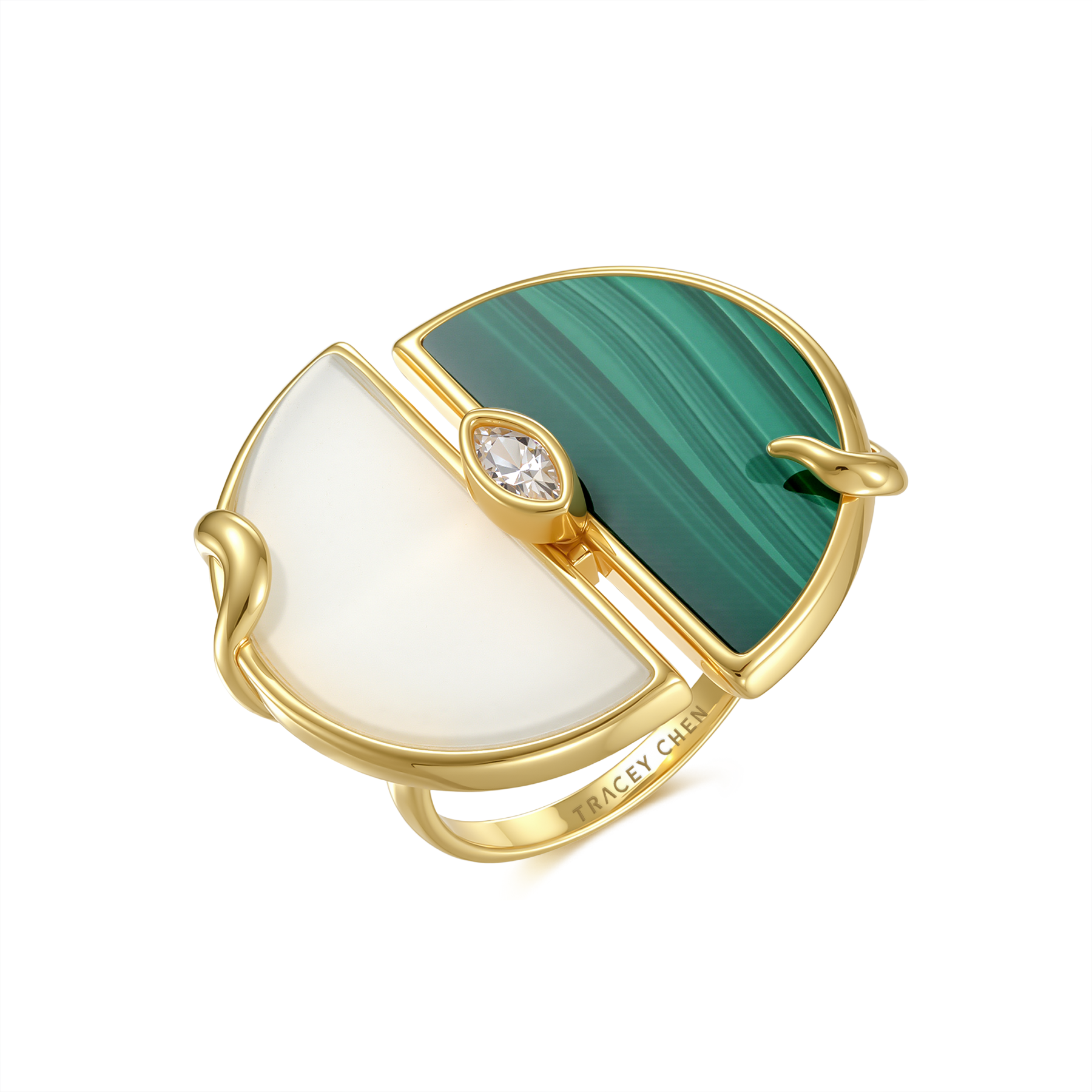 限量款蛇形雙半圓天然白翡孔雀石未來鑽戒指(10分)