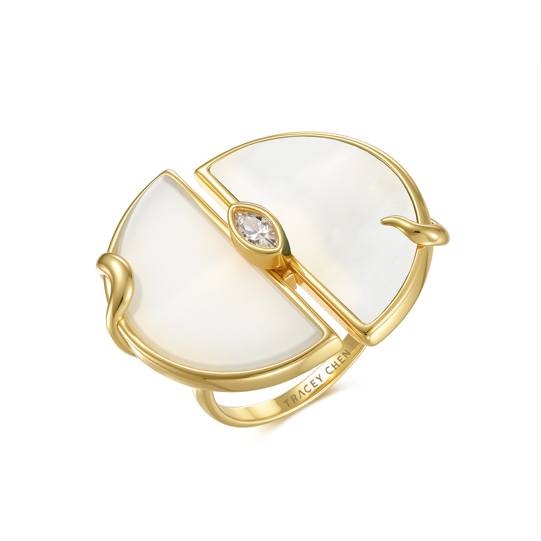 限量款蛇形雙半圓天然白翡未來鑽戒指(10分)