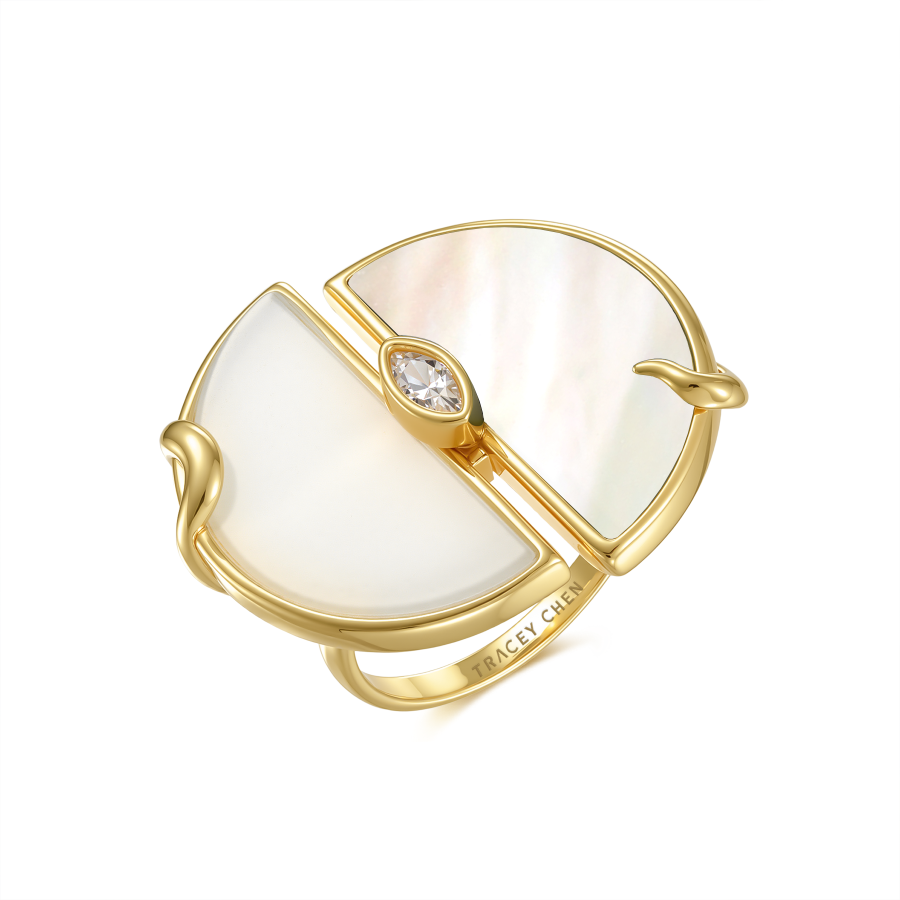 限量款蛇形雙半圓天然墨翡母貝未來鑽戒指(10分)