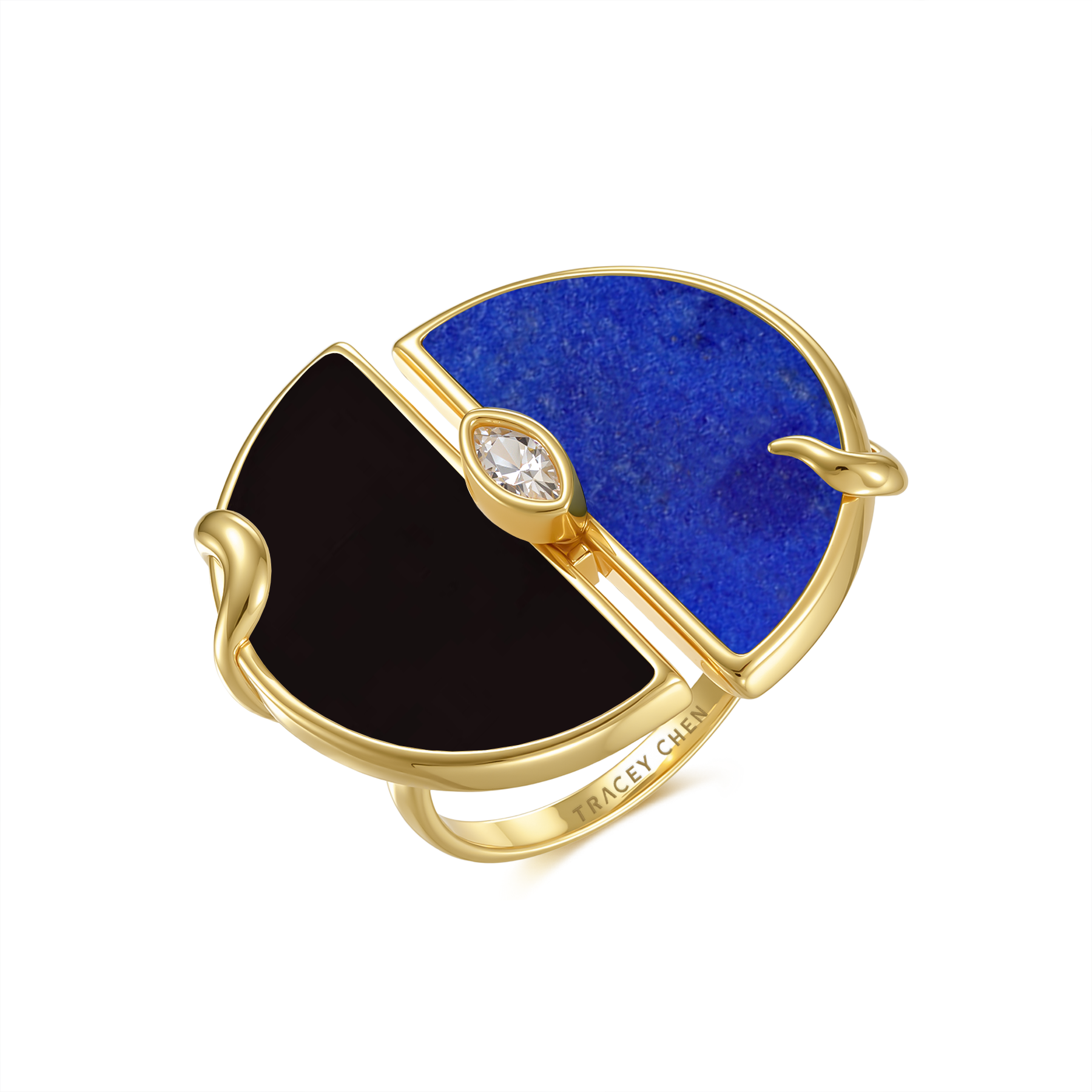 限量款蛇形雙半圓天然墨翡青金石未來鑽戒指(10分)