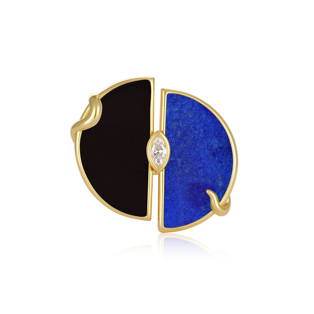 限量款蛇形雙半圓天然墨翡青金石未來鑽戒指(10分)