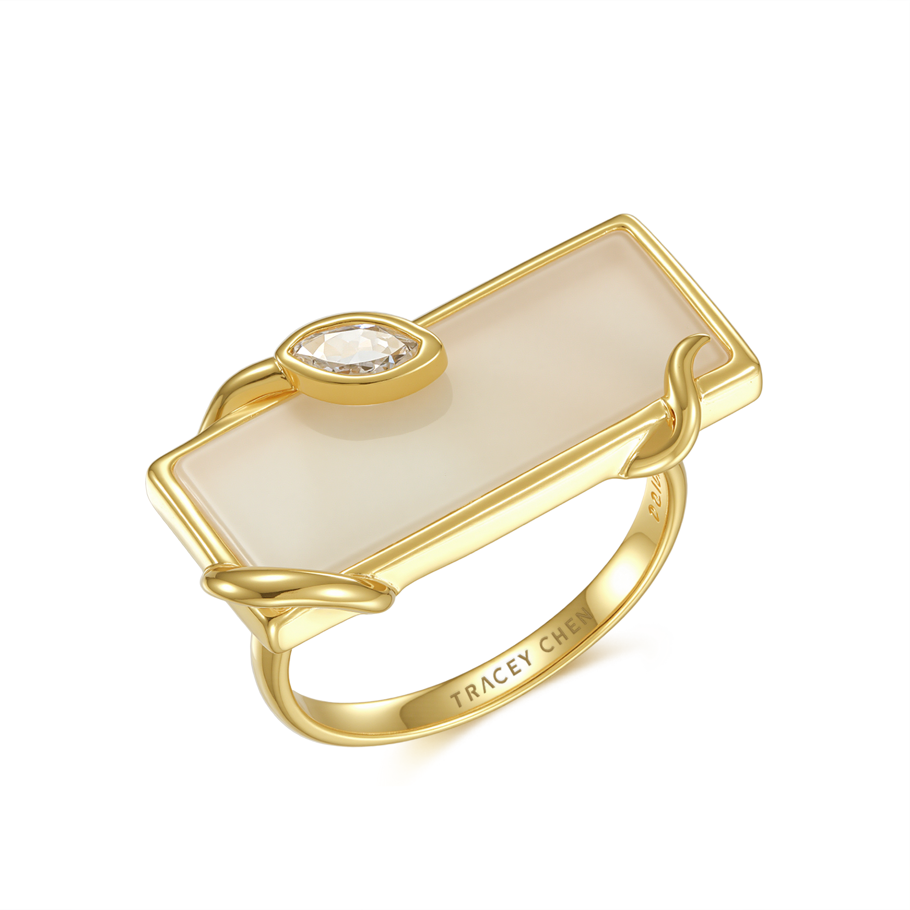 限量款蛇形天然白翡長方未來鑽戒指(10分)