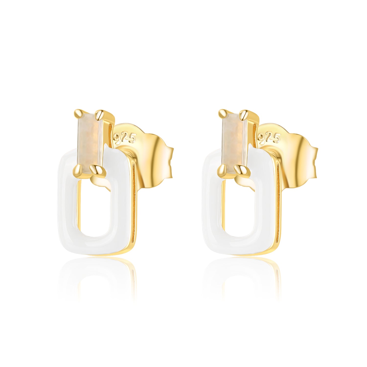 天然白翡小長方琺瑯造型耳飾