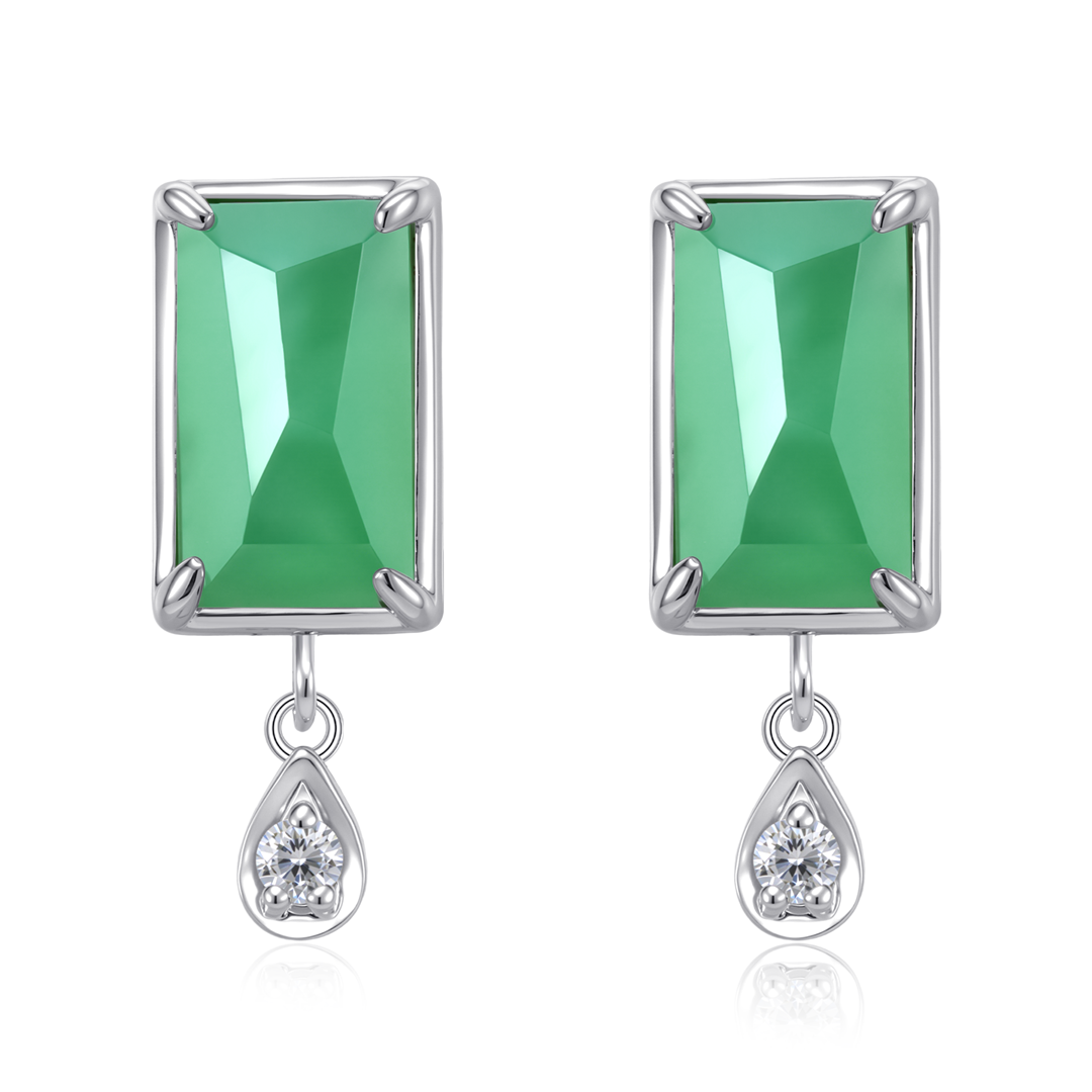 長方翡翠天然鑽石耳釘
