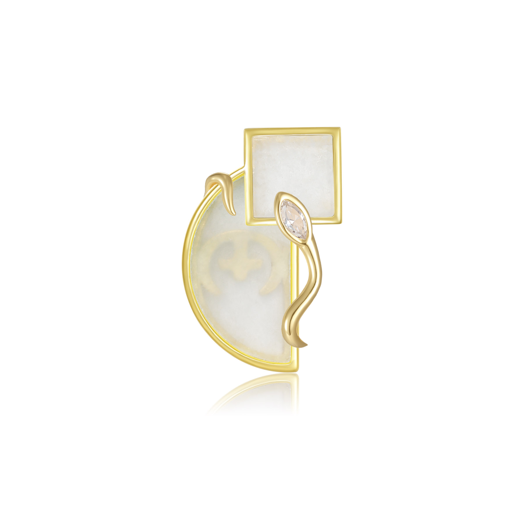 限量款蛇形天然白翡正方半圓未來鑽耳釘(10分)