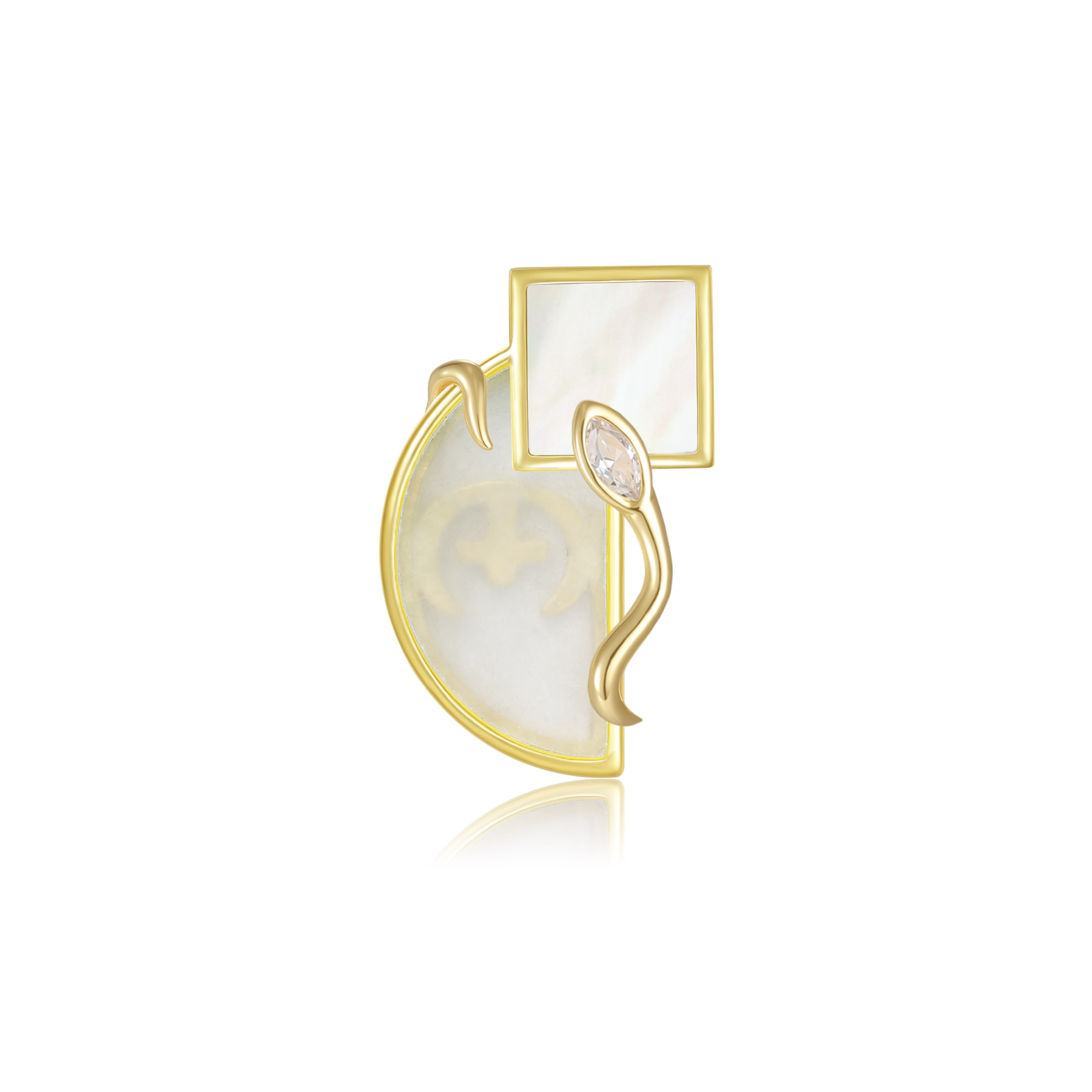 限量款蛇形天然白翡正方半圓未來鑽耳釘(10分)-母貝