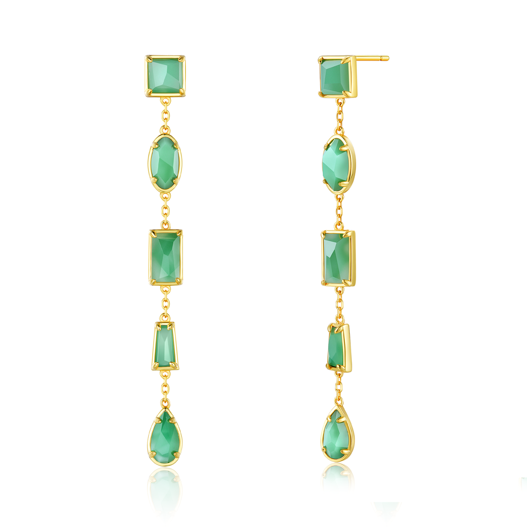 正方多幾何造型天然翡翠長耳釘