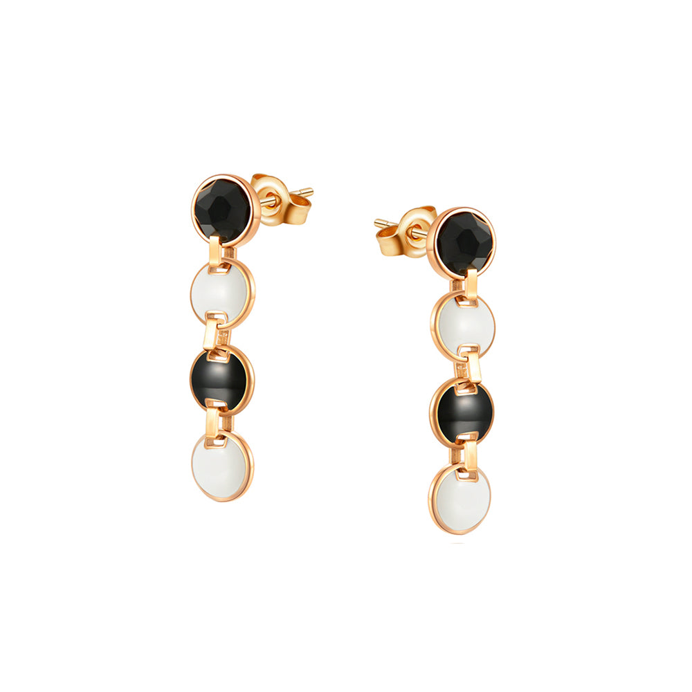 Natural Black Jade White Enamel Long Oval Earrings