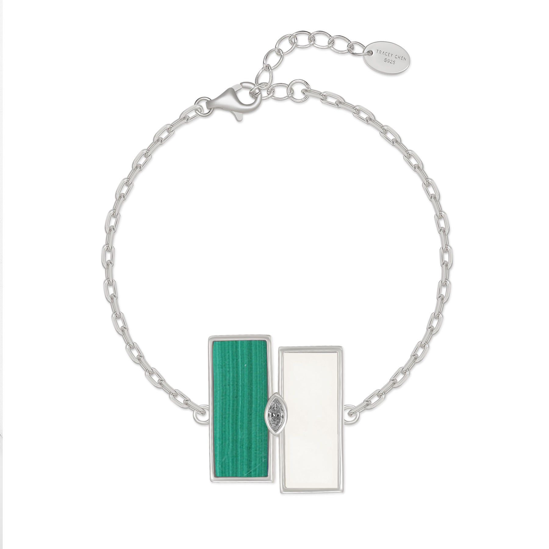 天然白翡雙長方未來鑽石手鍊(10分) - 孔雀石