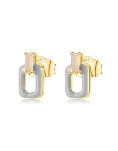 Natural White Jadeite Mini Rectangle Enamel Earrings