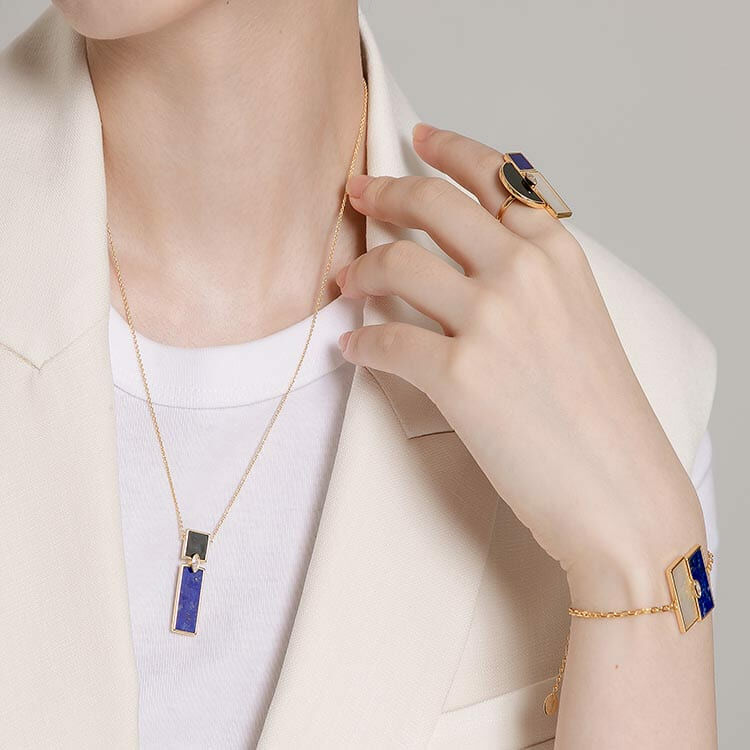 天然白翡雙長方未來鑽石手鍊(10分) - 青金石