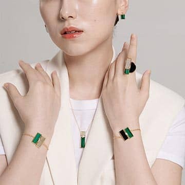 天然白翡雙長方未來鑽石手鍊(10分) - 孔雀石