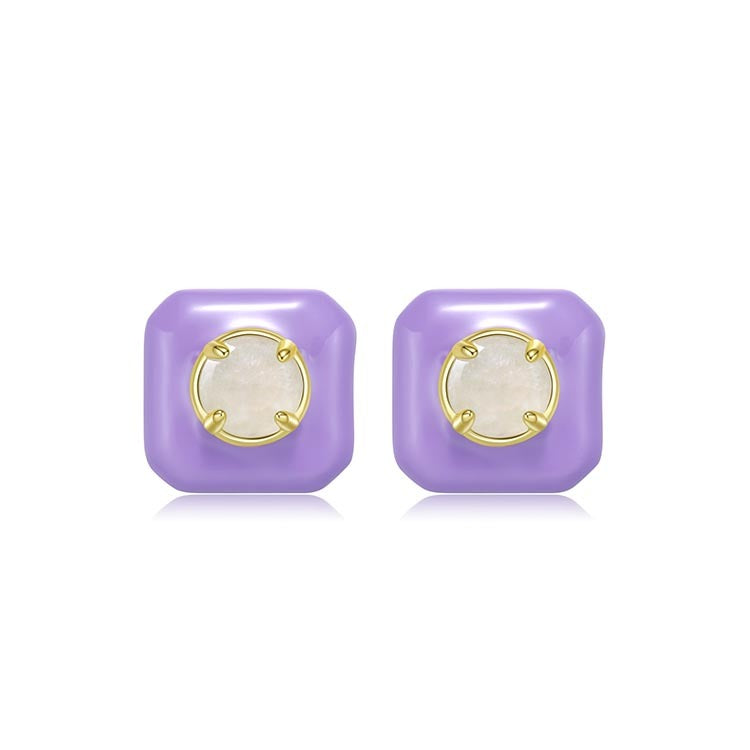 天然圓形翡翠琺瑯方塊耳環