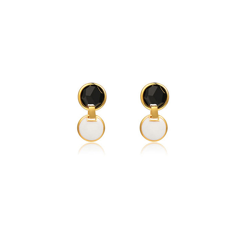 Natural Black Jade White Enamel Round Earrings