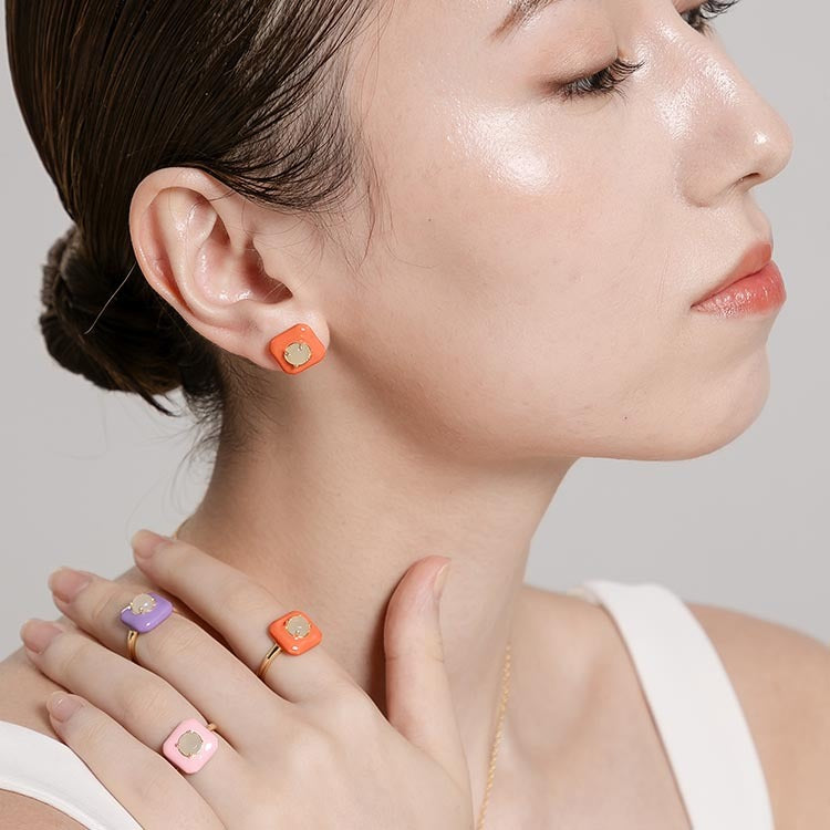 天然圓形翡翠琺瑯方塊耳環