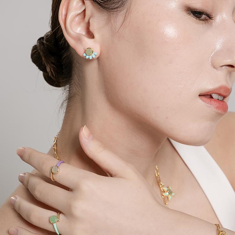 天然圓形翡翠琺瑯裙擺耳環