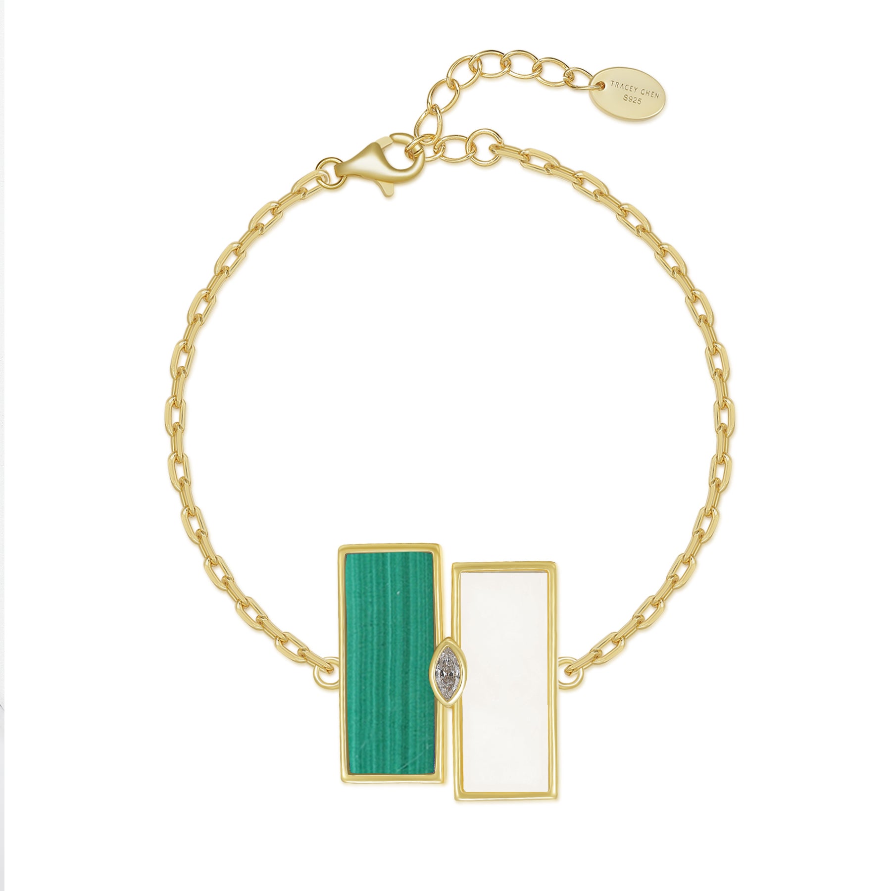 天然白翡雙長方未來鑽石手鍊(10分) - 孔雀石