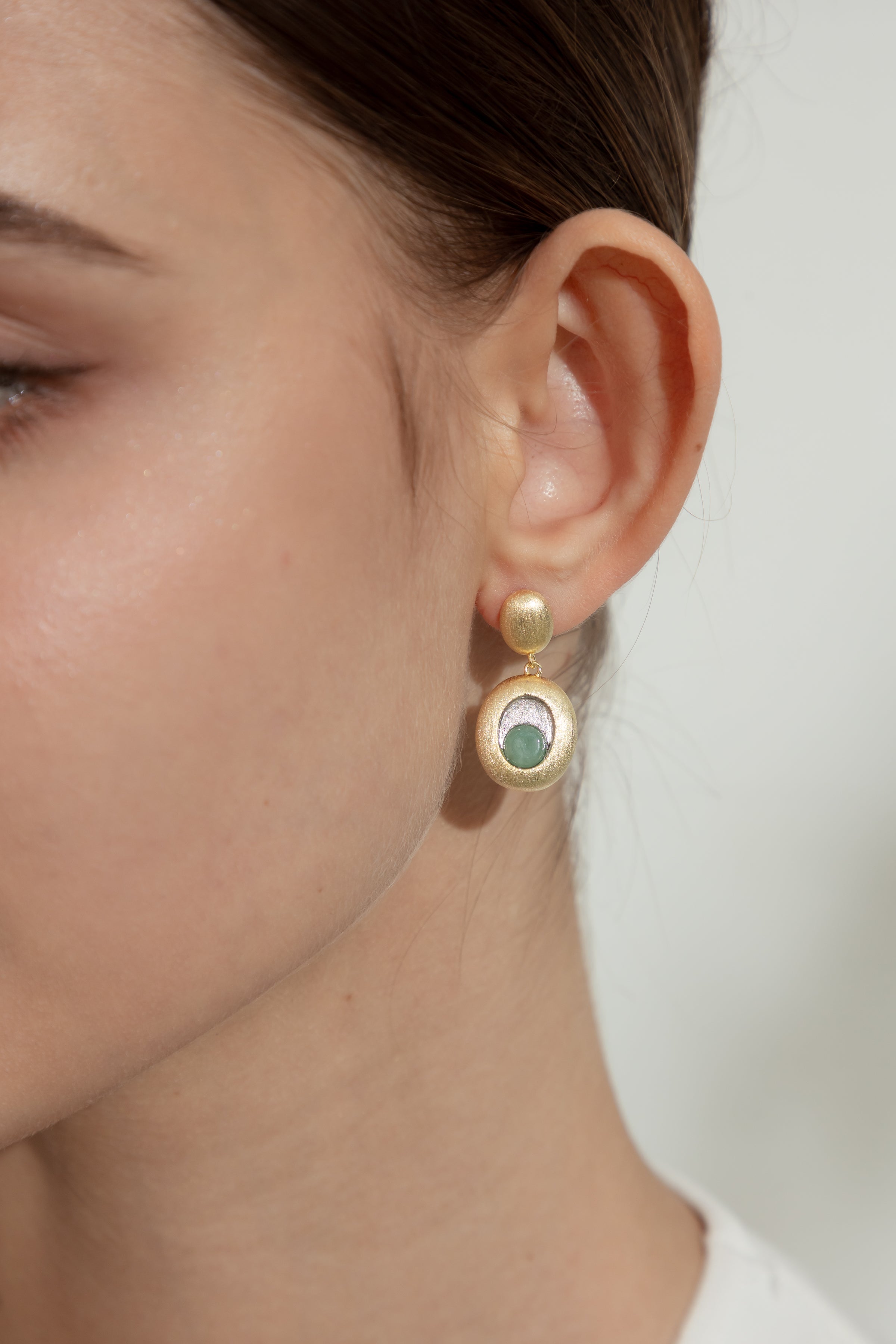 橢圓雙色拉絲翡翠小圓餅耳釘
