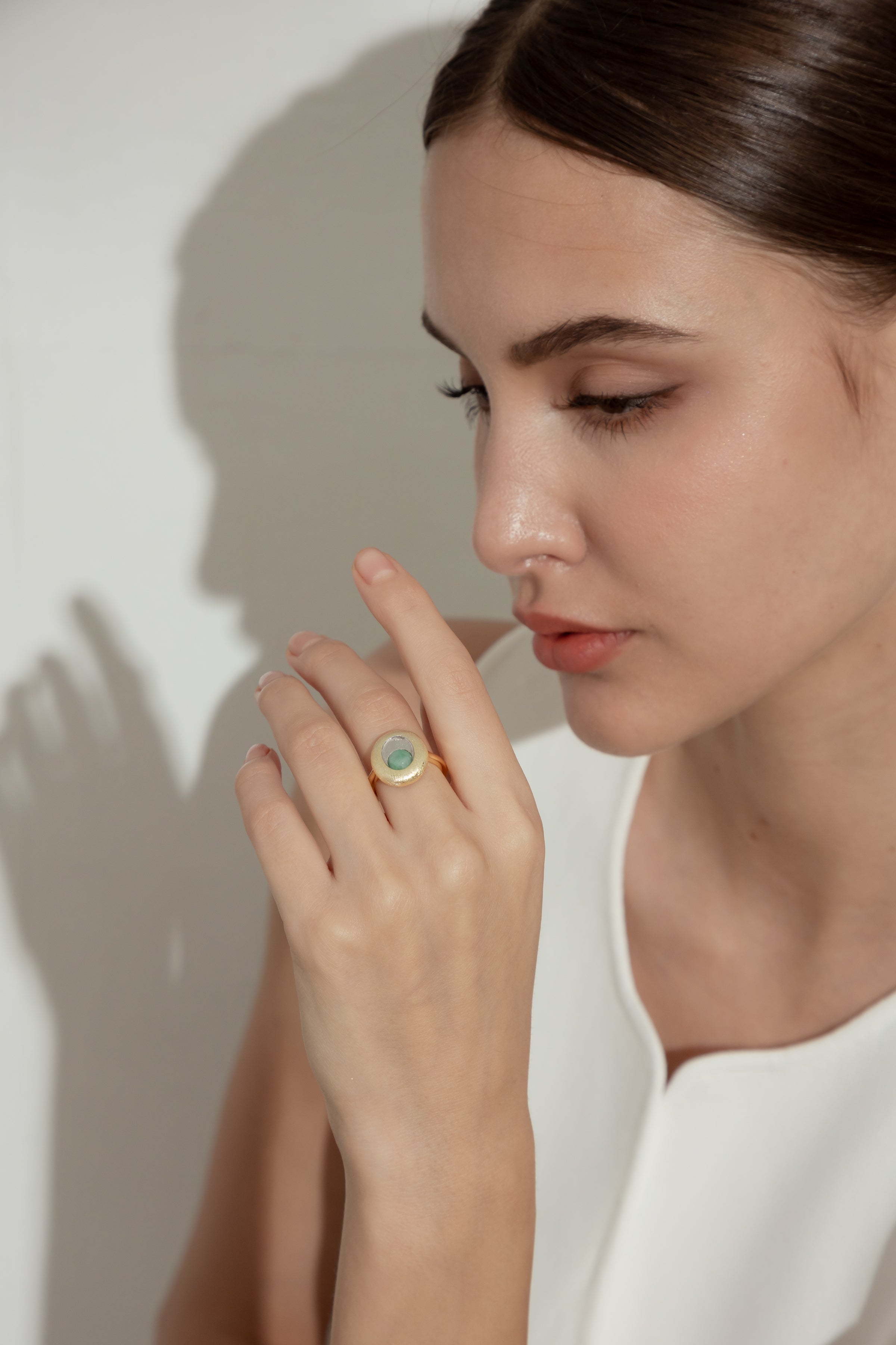 橢圓雙色拉絲翡翠小圓餅戒指