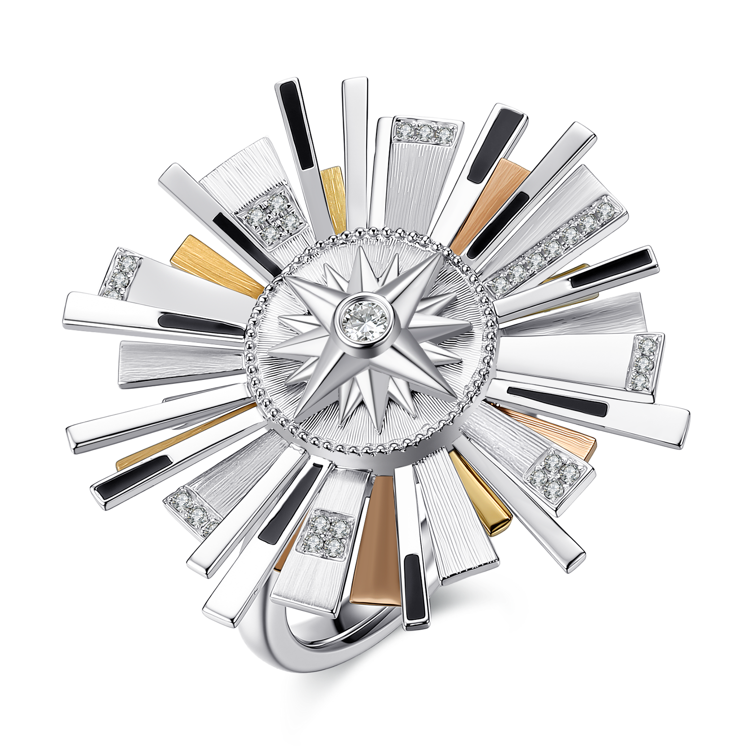 三色金太陽光芒鑽石戒指