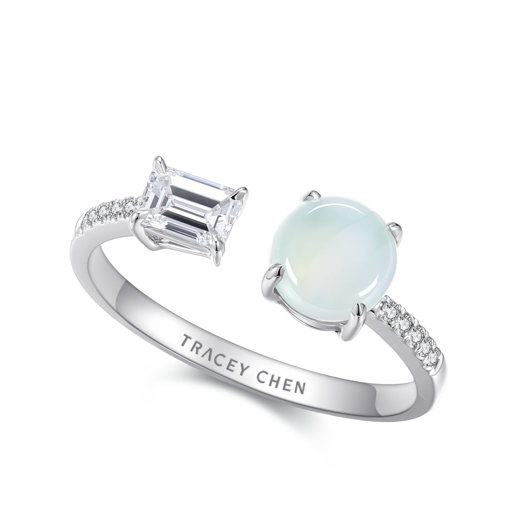 30分長方鑽淡綠翡小圓餅開口戒指