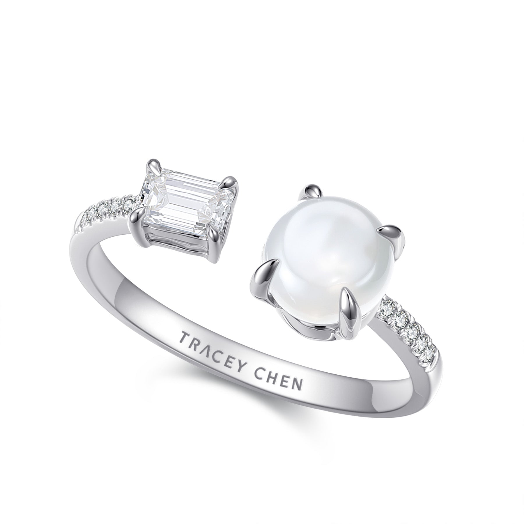 30分長方鑽白翡小圓餅開口戒指