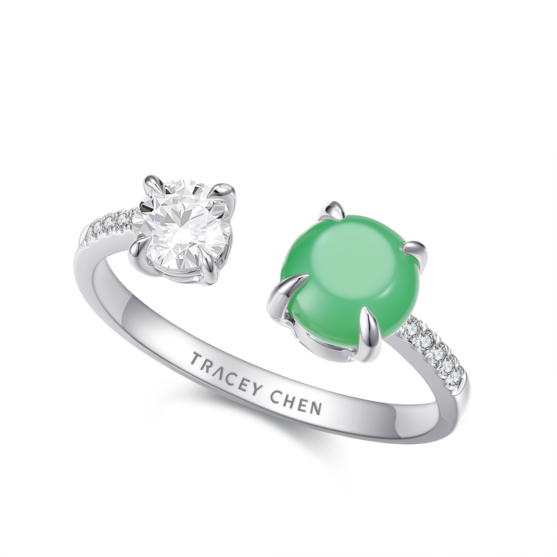 30分圓鑽綠翡小圓餅開口戒指