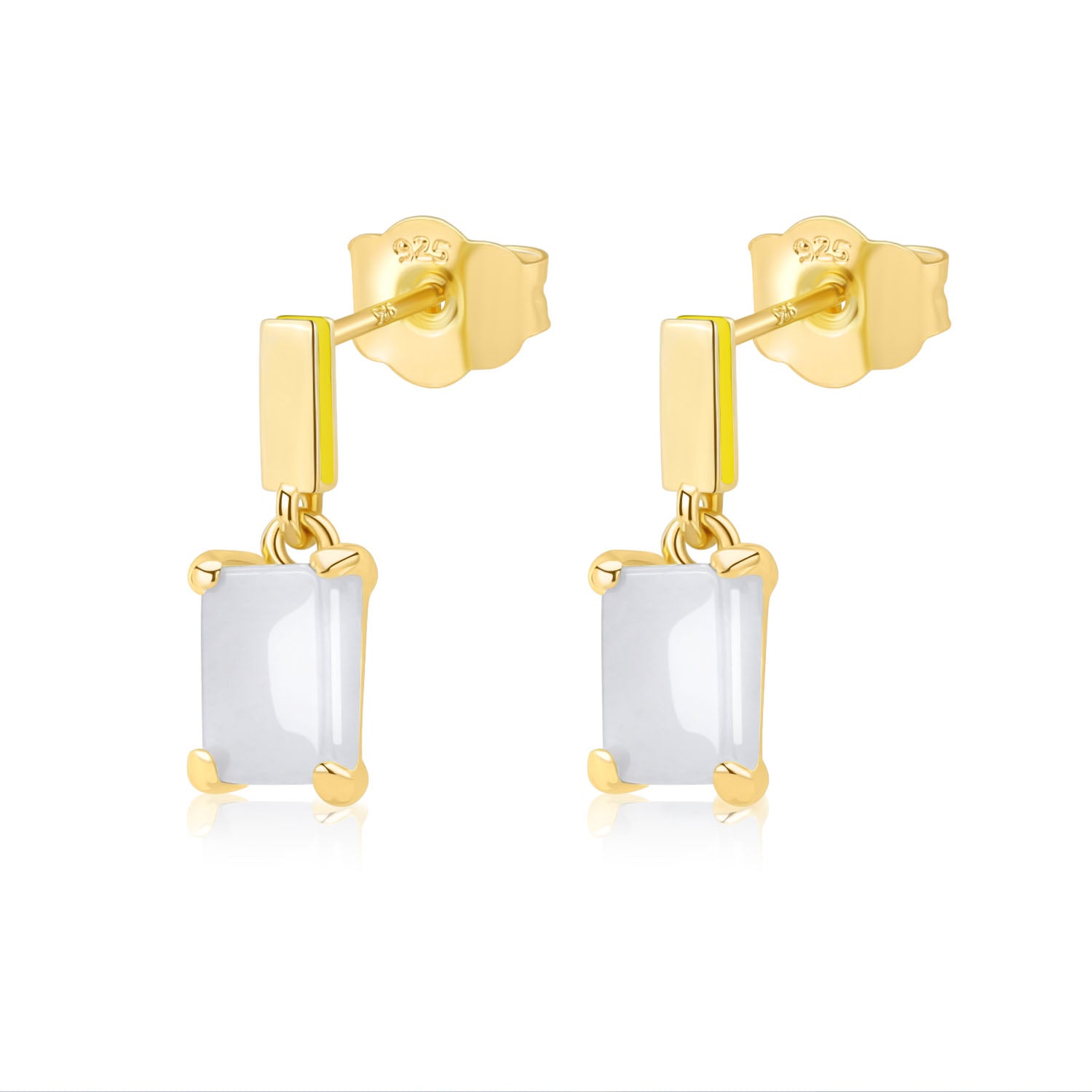 Natural White Jadeite Rectangle Enamel Earrings